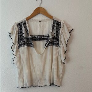 Free People Cream and Black Embroidered Blouse